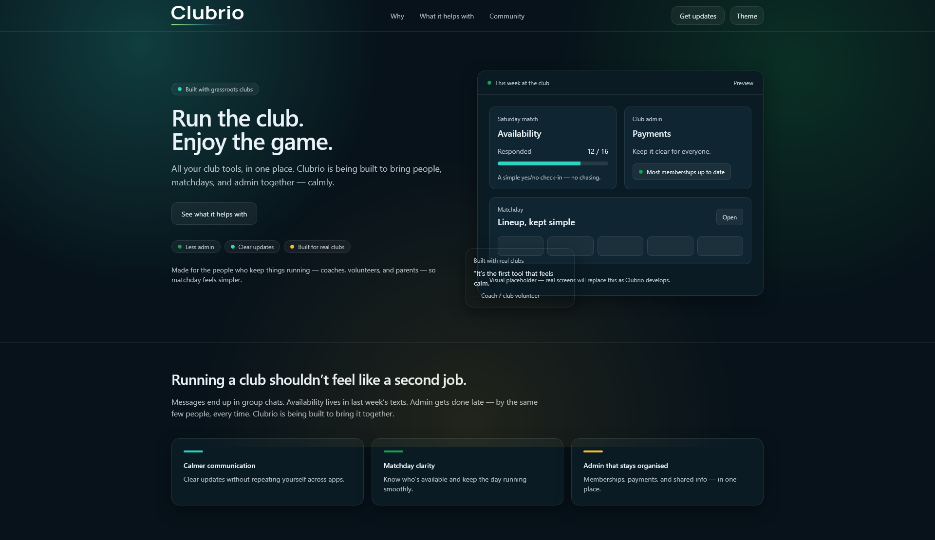 Clubrio website and product interface